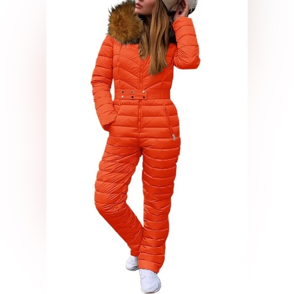 Orange Womens Bodysuit Skisuit Winter Outdoor Sports Jumpsuit Fur Collar Pockets